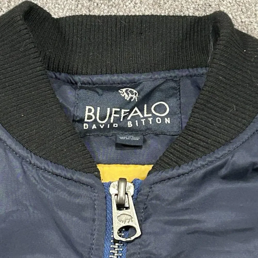 Men LG Buffalo David Bitton Blue Bomber Jacket Zip Elastic Ribbed Waist & Sleeve